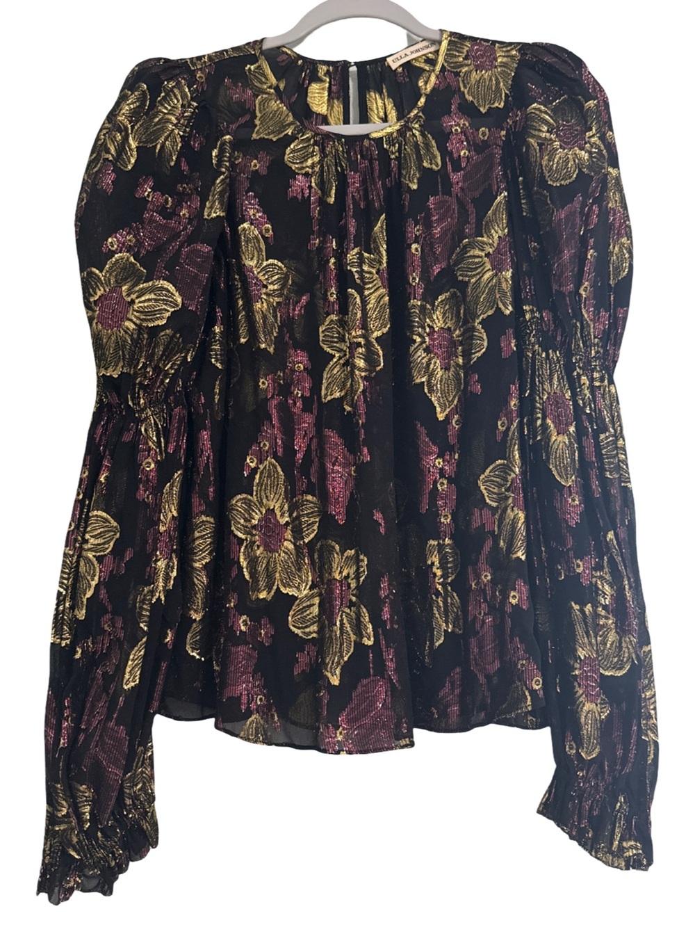 Ulla Johnson Aster Floral Silk Blend Metallic Jacquard Blouse Black Gold Size 6